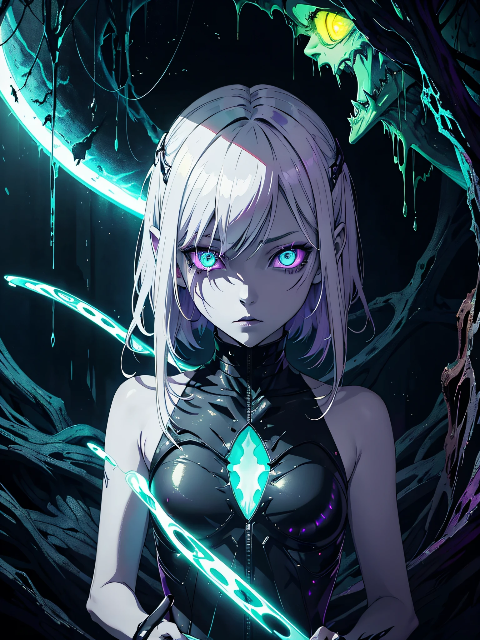 Anime girl with sword in dark forest with glowing orb - SeaArt AI