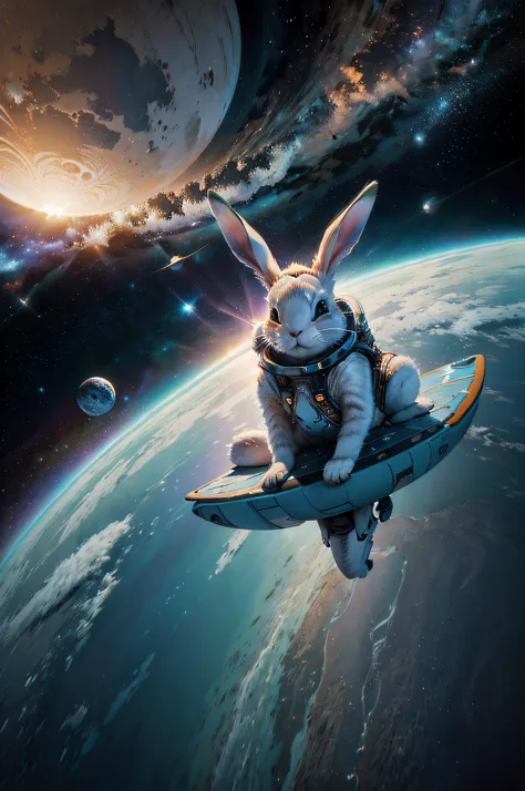 bunny, surfing in space, inspired by Cyril Rolando, Shutterstock, highly-detailed illustration, full color illustration, very detailed illustration, Dan Mumford and Alex Gray Style