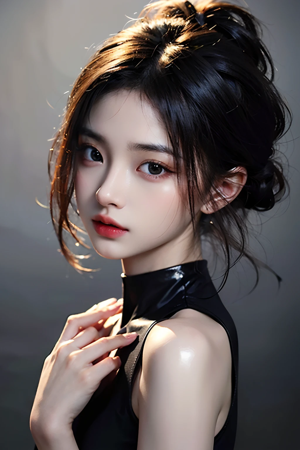 超A high resolution、​masterpiece、top-quality、
extra detailed face、A detailed eye、Very complex and、perfect glossy shiny skins、Perfect litthing、detailed lighting、Dramatic shadows、光线追踪、
1 girl in、The upper part of the body、Black cold shoulder top、looking at the viewers、