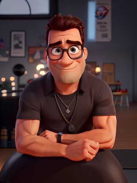 Affiche de style Disney Pixar, highly quality, beste-Qualit, Homme noir sex, 30 ans cheveux court barbe noire, brawny, With a background in a gym
