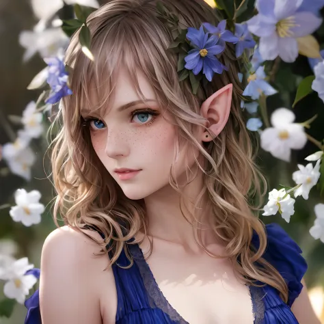 Detailed and realistic portrait of gorgeous and beautiful elf bjddoll (Woman) Maid with freckles, long, Wavy and disheveled hair, Multicolored seductive eyes, Dark fluffy dresses, Soft natural lighting, a portrait photo of, magical photography, Dramatic Li...