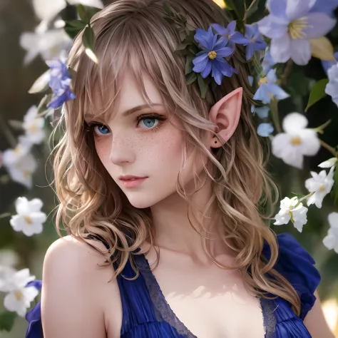 detailed and realistic portrait of gorgeous and beautiful elf bjddoll (woman) maid with freckles, long, wavy and disheveled hair...