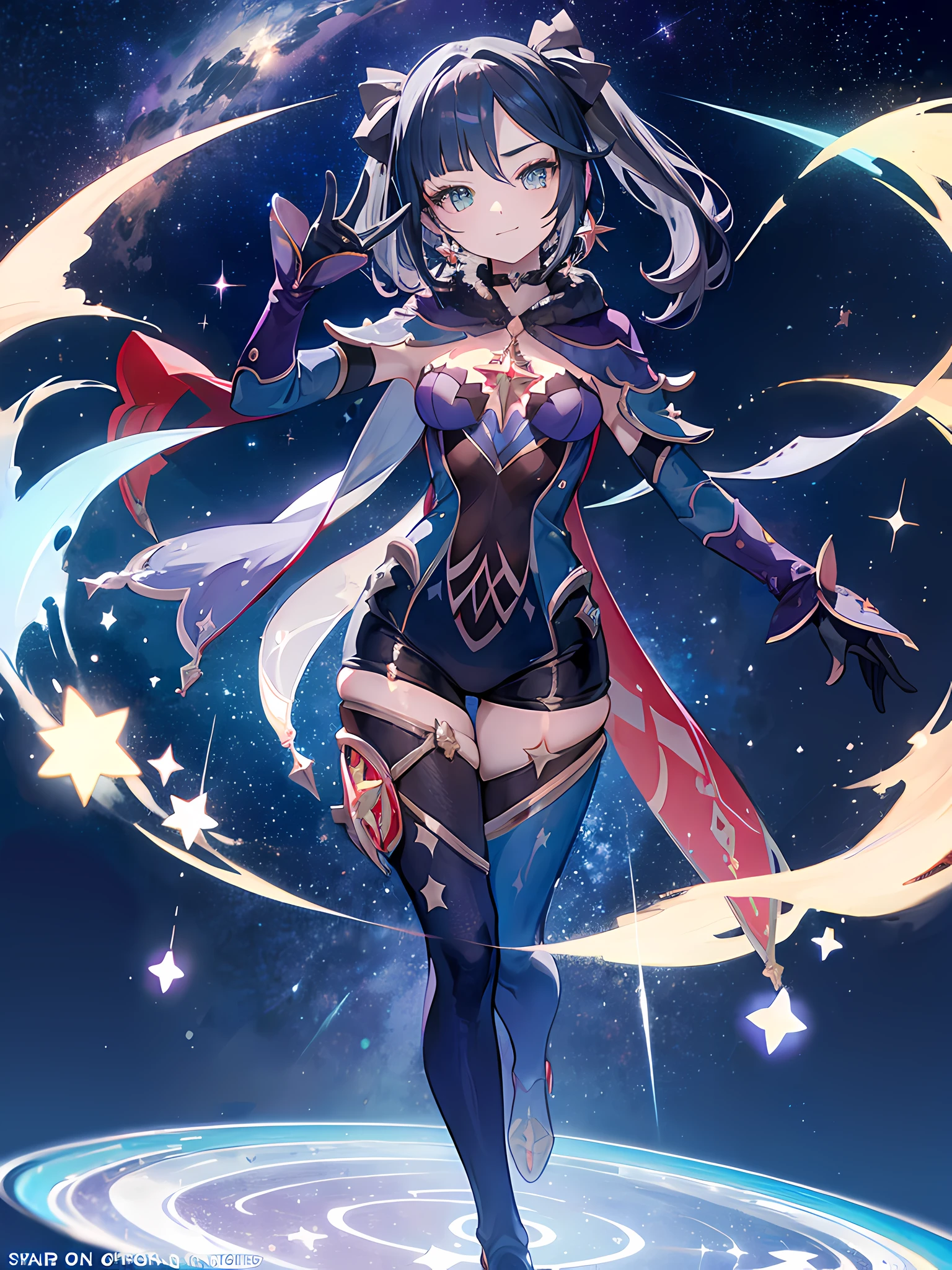 monastarpact, upper body, standing on grass, night, starry sky, looking at the sky, shooting stars, (1girl), short hair, smile, beautiful anime artwork, ultrasharp, masterpiece, high res, 8k