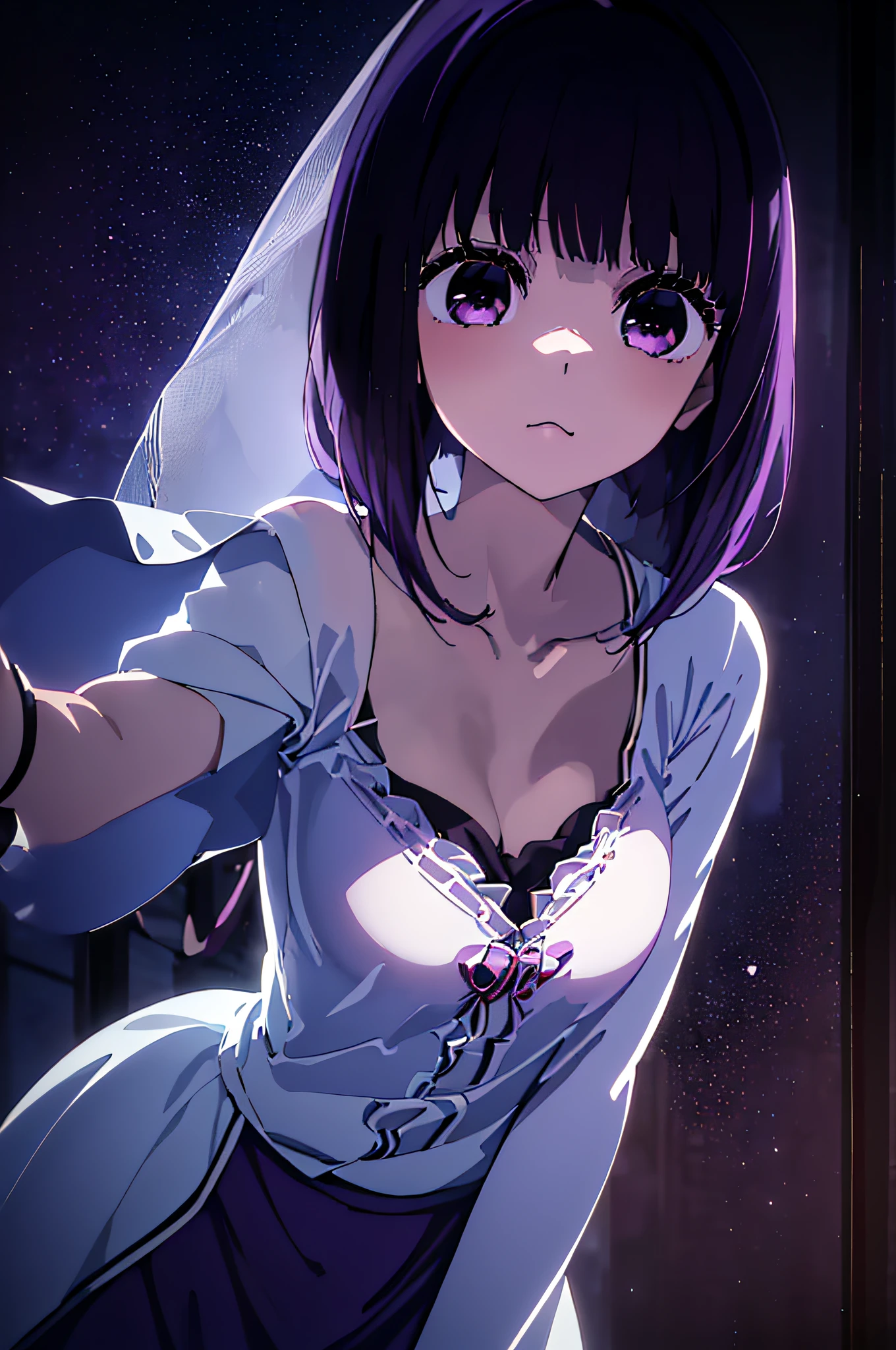 top-quality、masutepiece、Top image quality、arima kana \(oshi no ko\)、​masterpiece、girl with((20yr old、Best Bust、Bust 85,beautiful purple eyes、Breasts wide open,Long purple hair、A slender、white dres、Leaning forward