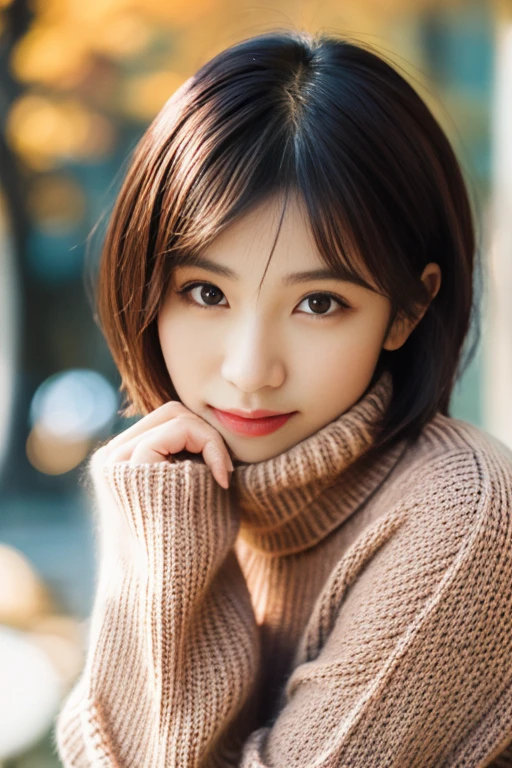 a close up of a woman with a sweater on posing for a picture, Middle metaverse, Yoshitomo Nara, Japanese Models, Beautiful Asian Girl, With short hair, 2 4 years old female model, 4 K ], 4K], 2 7 years old, sakimichan, sakimichan