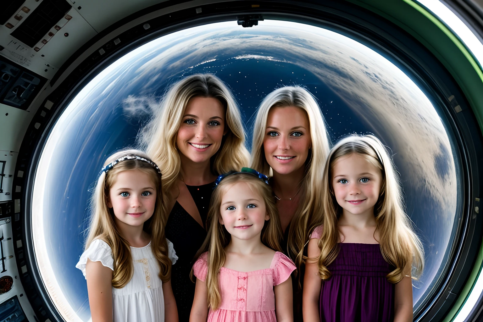 三個小女孩和一個母親在太空站, 一個長著金色長髮的小女孩, 棕色長髮. 媽媽有著長頭髮和深綠色的眼睛