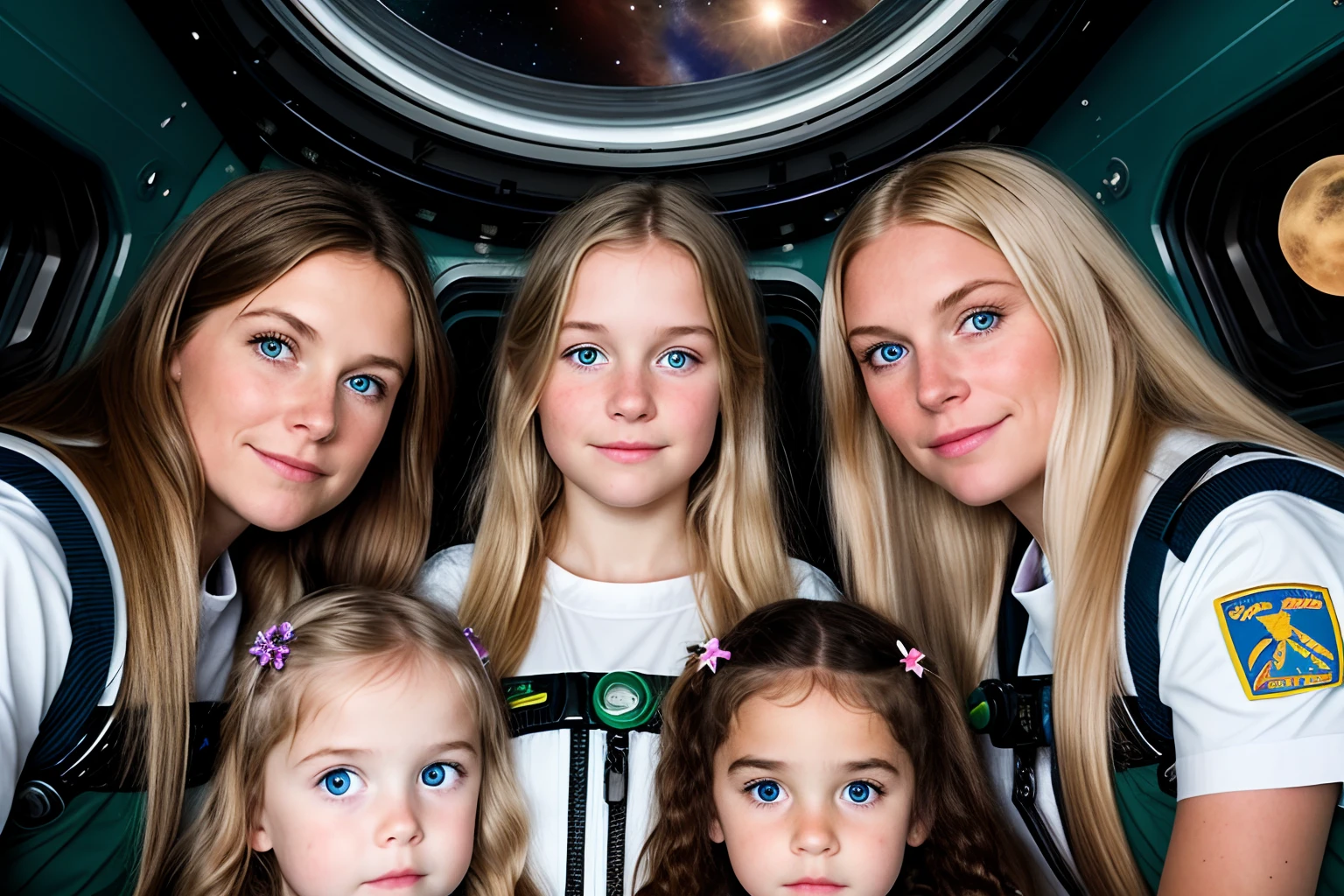 空间站中的三个小女孩和一位母亲, 长着金色长发的小女孩, 有着长长的棕色头发. 长发和深绿色眼睛的妈妈