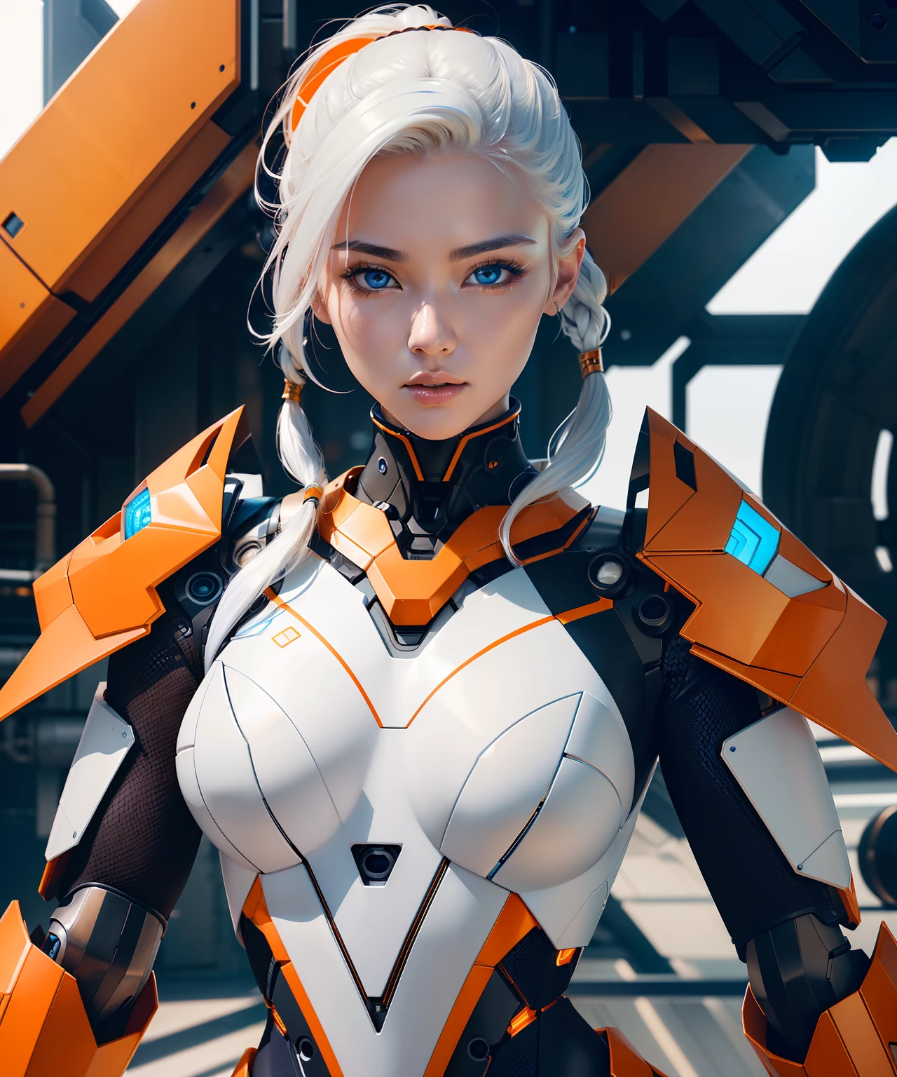 Woman in her 20s, Korean, (Perfect face), defined jawline, Beautiful lips, (beautiful bright blue eyes), (White hair, pony tails), (Perfect anatomy), (atheletic body), (Sexy), (Perfect hands), (Intricate geometric robot white body armor, Orange and bronze decorations), (view the viewer), (medium shot photograph), (Futuristic industrial factory background), Photorealistic