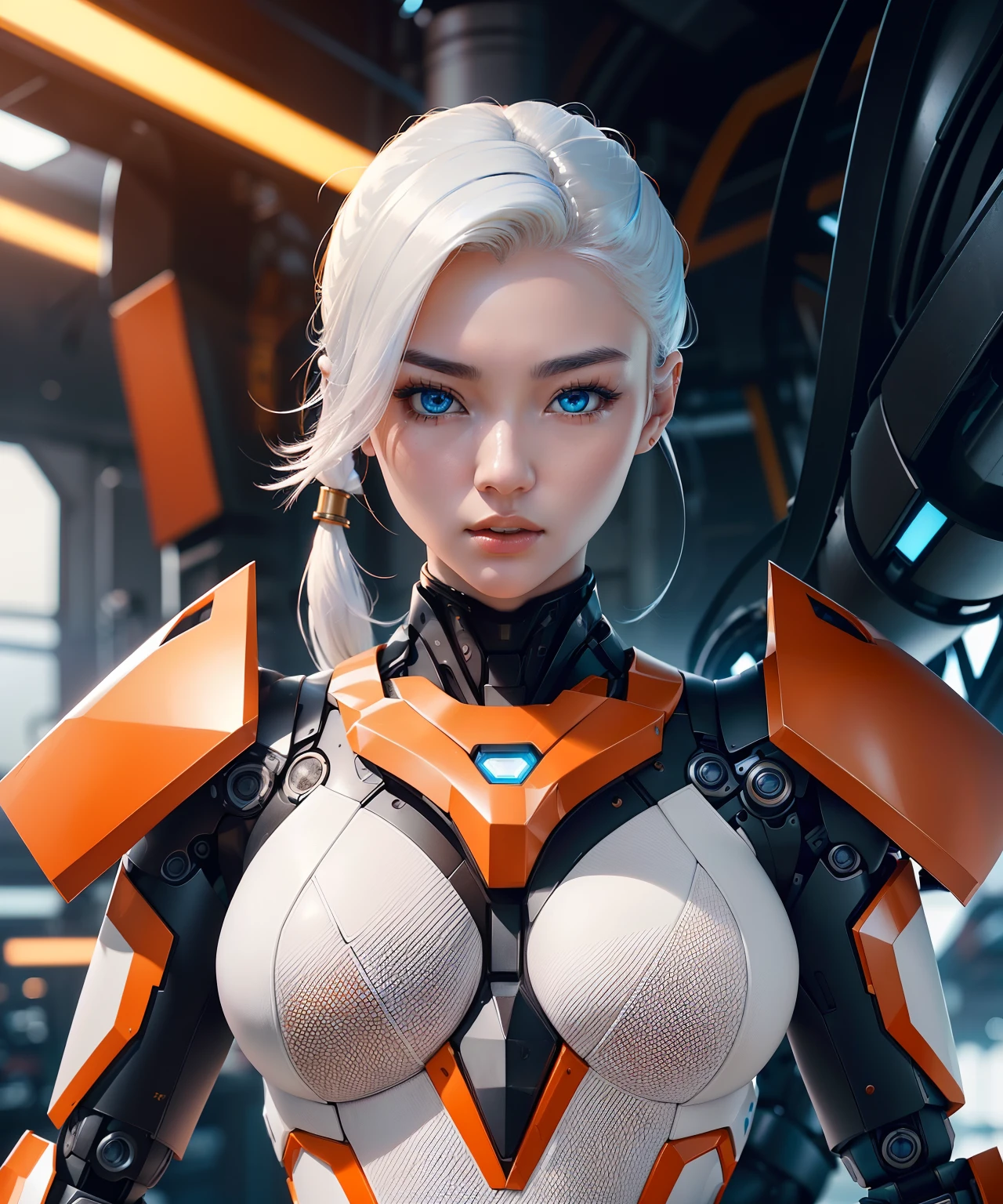 Woman in her 20s, Korean, (Perfect face), defined jawline, Beautiful lips, (beautiful bright blue eyes), (White hair, pony tails), (Perfect anatomy), (atheletic body), (Sexy), (Perfect hands), (Intricate geometric robot white body armor, Orange and bronze decorations), (view the viewer), (medium shot photograph), (Futuristic industrial factory background), Photorealistic