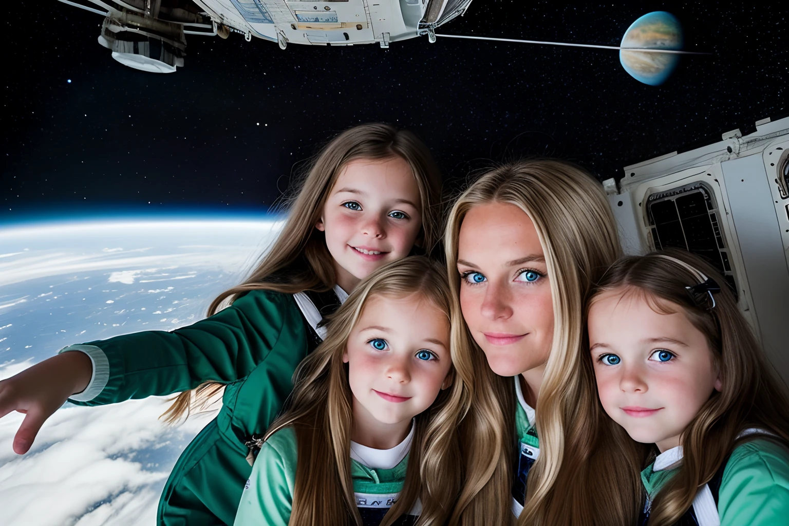 trois petites filles et une mère dans une station spatiale, une petite fille aux longs cheveux blonds, un avec de longs cheveux bruns. Maman aux cheveux longs et aux yeux vert foncé