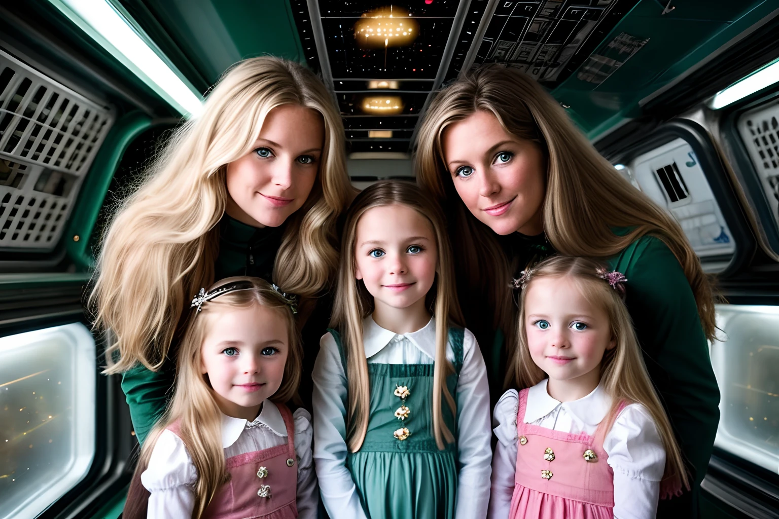 空间站中的三个小女孩和一位母亲, 长着金色长发的小女孩, 有着长长的棕色头发. 长发和深绿色眼睛的妈妈