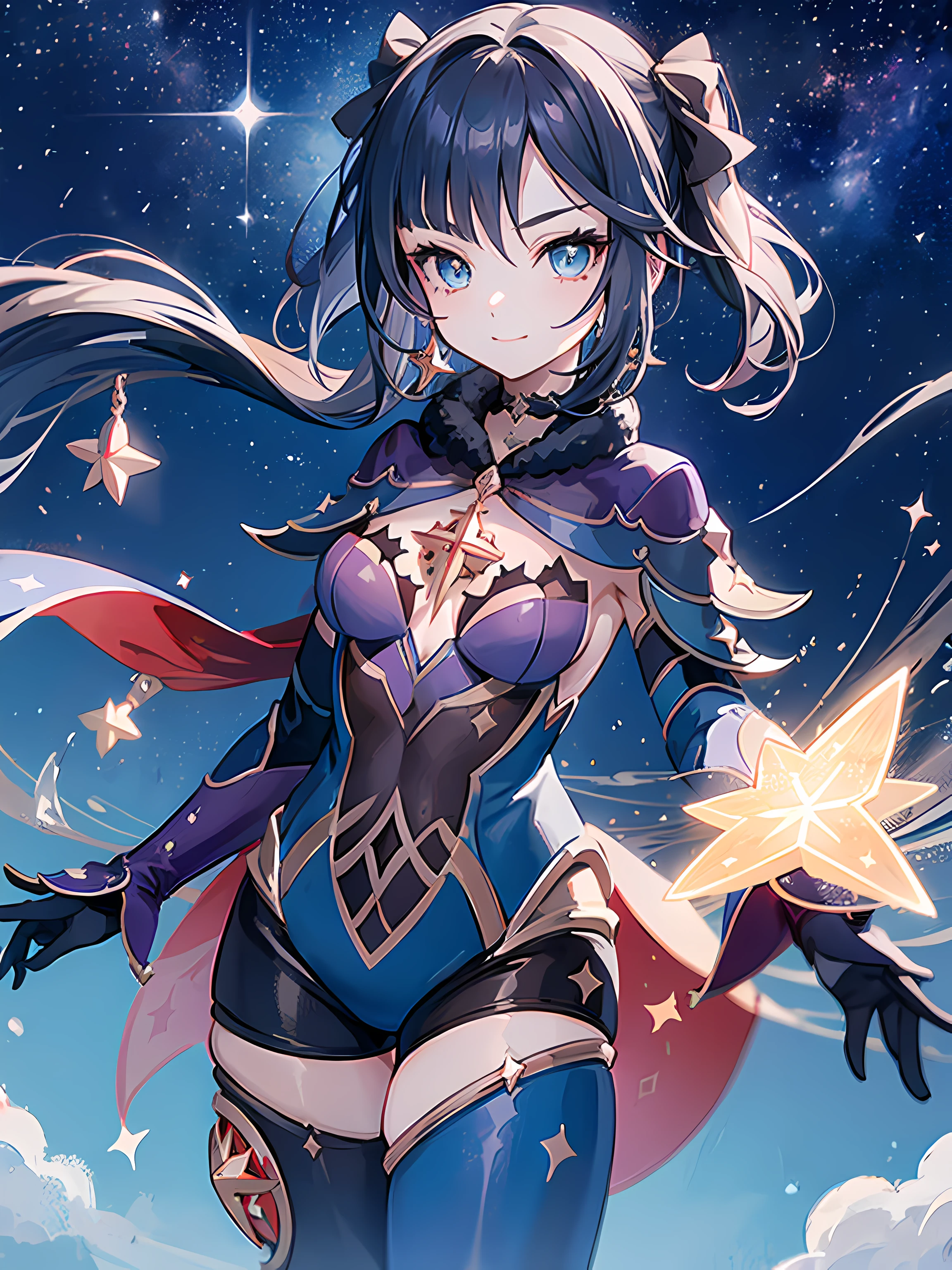 monastarpact, upper body, standing on grass, night, starry sky, looking at the sky, shooting stars, (1girl), short hair, smile, beautiful anime artwork, ultrasharp, masterpiece, high res, 8k