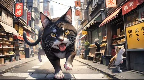 a boy running with a cat in the street market, running cat, scared face and tongue sticking out chasing animals, real life tom a...