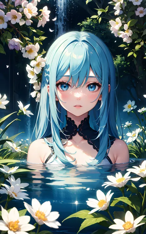 absurdres, highres, (official art, beautiful and aesthetic:1.2), 
1girl, blue hair, middle hair, blue eyes, shining eyes, 
flowe...