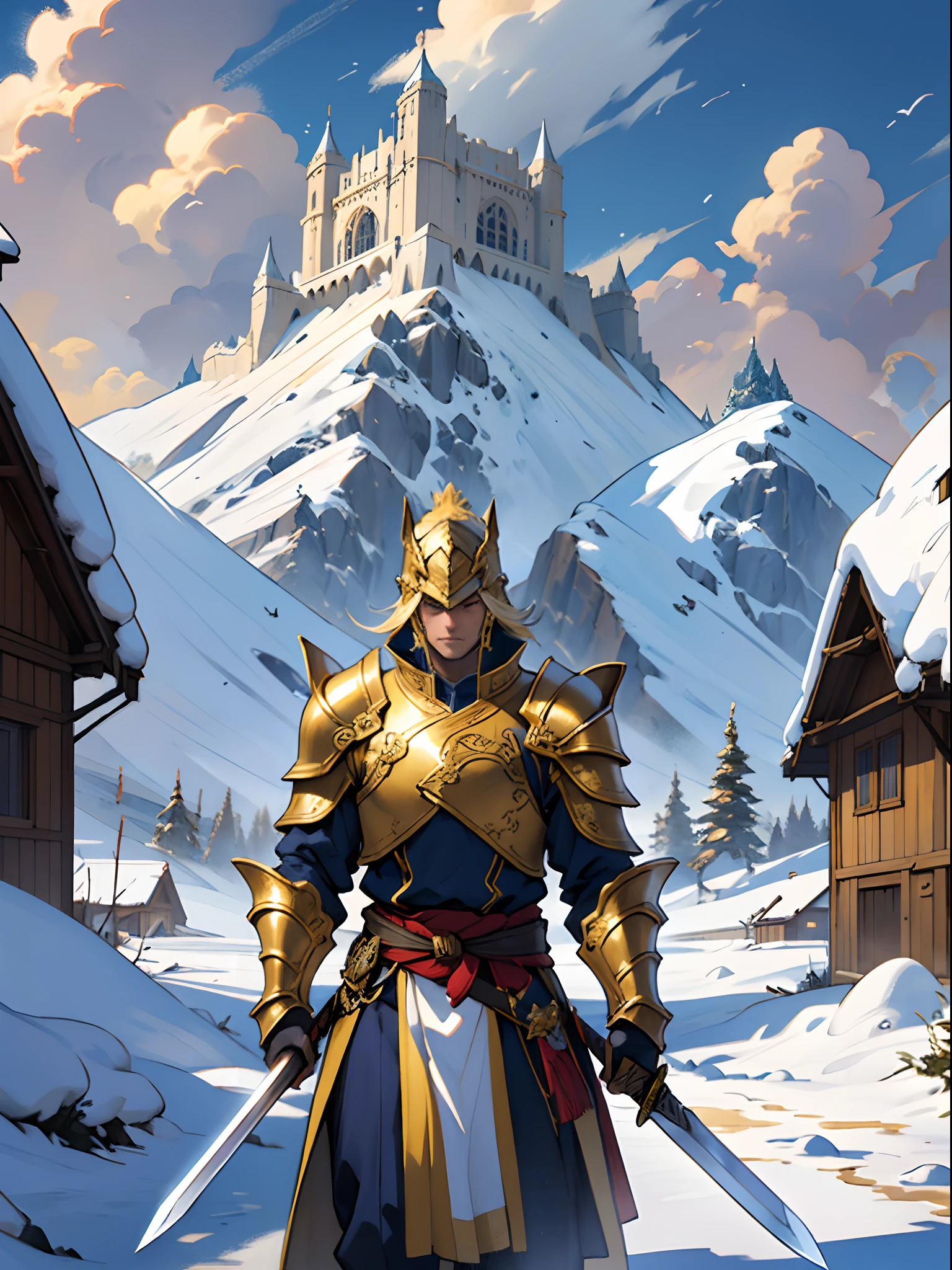 A swordsman，Heavy armor，A golden two-handed sword，In the background is a palace on a snow-capped mountain in the distance