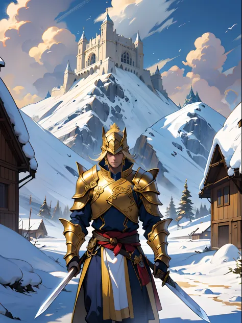A swordsman，Heavy armor，A golden two-handed sword，In the background is a palace on a snow-capped mountain in the distance