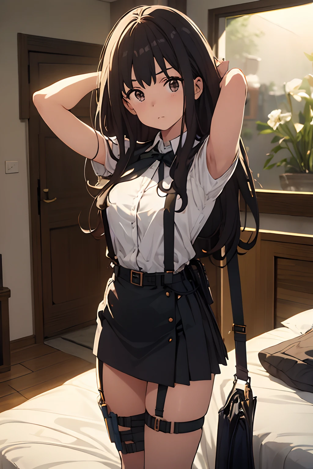 ​masterpiece、flat-colors、depth of fields、lens flare 1 girl、、Brown hair、watching at viewers　　　black suspenders　　　Bulging big breasts　　　 　 Armpit sweat　perspiring　Side of both hands　　walls: 　Black miniskirt　garters　　　　　　Gaze　　　Small face　bangss 　flank　　　　holster　　Belt Armament　Beautuful Women　srestrained　Hands behind your back　On the bed　Leg holster lying on the bed