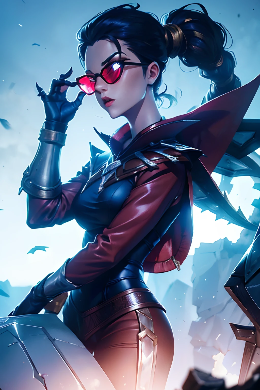 Vayne, (Obra maestra:1.2), (La mejor calidad), (Ultra detallado), (8k,4k),(medio cuerpo:1.2),(vaquero:1.2),(Altamente detallado:1.2),(Cara detallada:1.2), (Antecedentes detallados),(retrato),Paisaje detallado,(dynamic pose:1.2),(Perfect LightingBetter Quality),Vayne 1Girl, solamente, Cabello largo, Mirando al espectador, cabello negro, Guantes, Parte superior del cuerpo, Cola de caballo, cabo, Gafas de sol, Ajuste de las gafas, Mirando por encima de las gafas