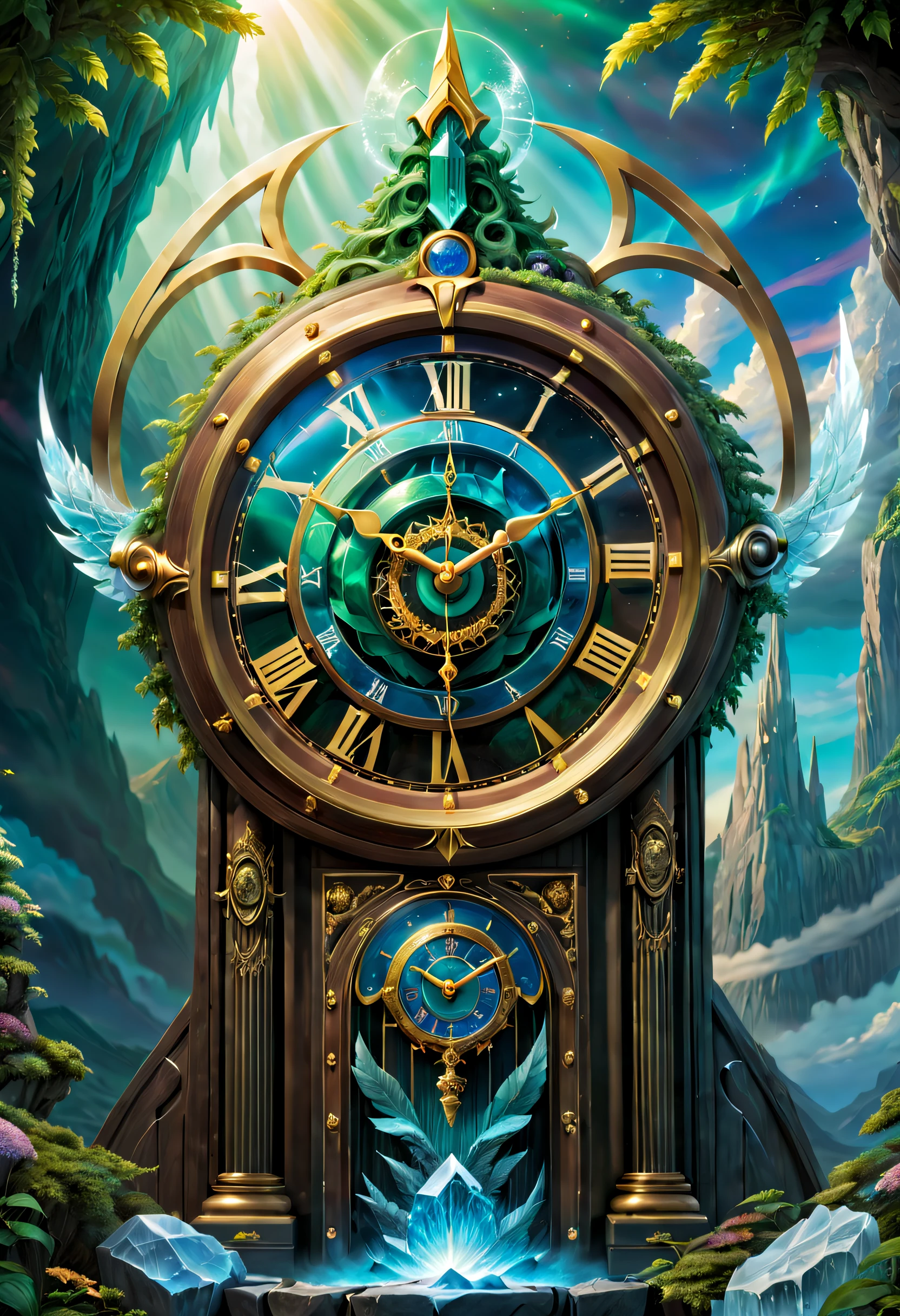 horloge_royaume, horloge, or ivoire, (art conceptuel, Des couleurs à la Ghibli, hyperréalisme, UHD, chef-d&#39;œuvre, précis, anatomiquement correct, super détail, primé, meilleure qualité, haute résolution, 8k，L&#39;image est lumineuse，Illumination globale，haute saturation), fantaisie, Asgard, The horloge of Asgard，The horloge gate of the gods of Norse mythology，Horloge Asgard，Fabriqué entièrement en cristal et cristaux de glace，Transparent et blanc，Glace claire et jade