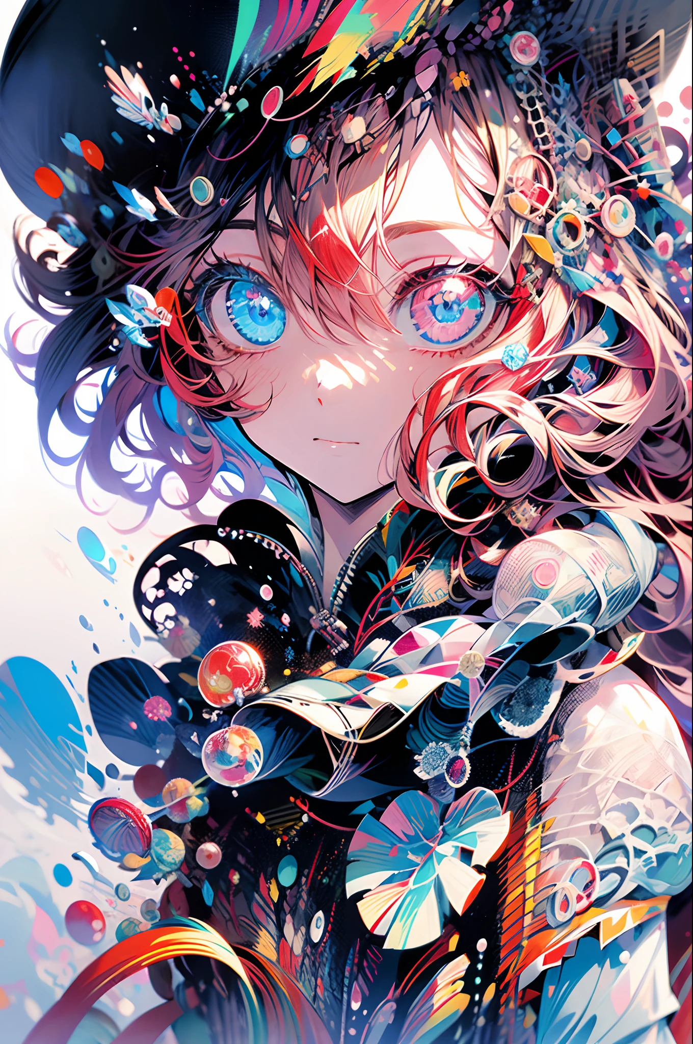 girl with,Solo, Heterochromia,red and blue eyes,long curly hair,Two bangs,pale skin, Looking at the viewer,Closed mouth, lightsmile, Beautiful, extremely detailed eye, Close Up Shot,Upper body, Wearing a jacket, Absolutely amazing art, Extremely detailed, highest quality digital art,
