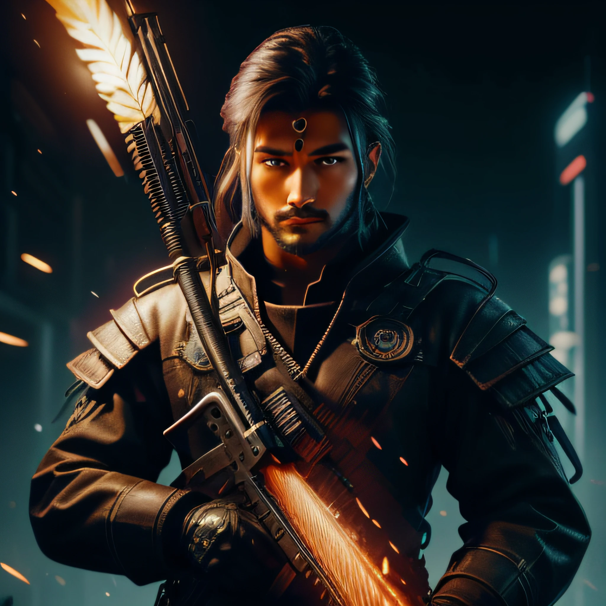 (best quality,4K,8K,hight resolution,​masterpiece:1.2),Ultra-detail,(realisti,fotorealisti,fotorealisti:1.37),Marcus Söder as an Indian with a feather at the campfire in cyberpunk style, Oil painting, Vivid colors, atmospheric lighting, detailed facial features, intense look, Traditional Indian clothing, expressive mouth, Flickering flames, Dystopian city skyline in the background, neon lights, Glowing tattoos, Glowing cybernetic enhancements, Hazy smoke, Futuristic weapons, futuristic Indian tribe, Surreal elements, Dark and mysterious ambience.