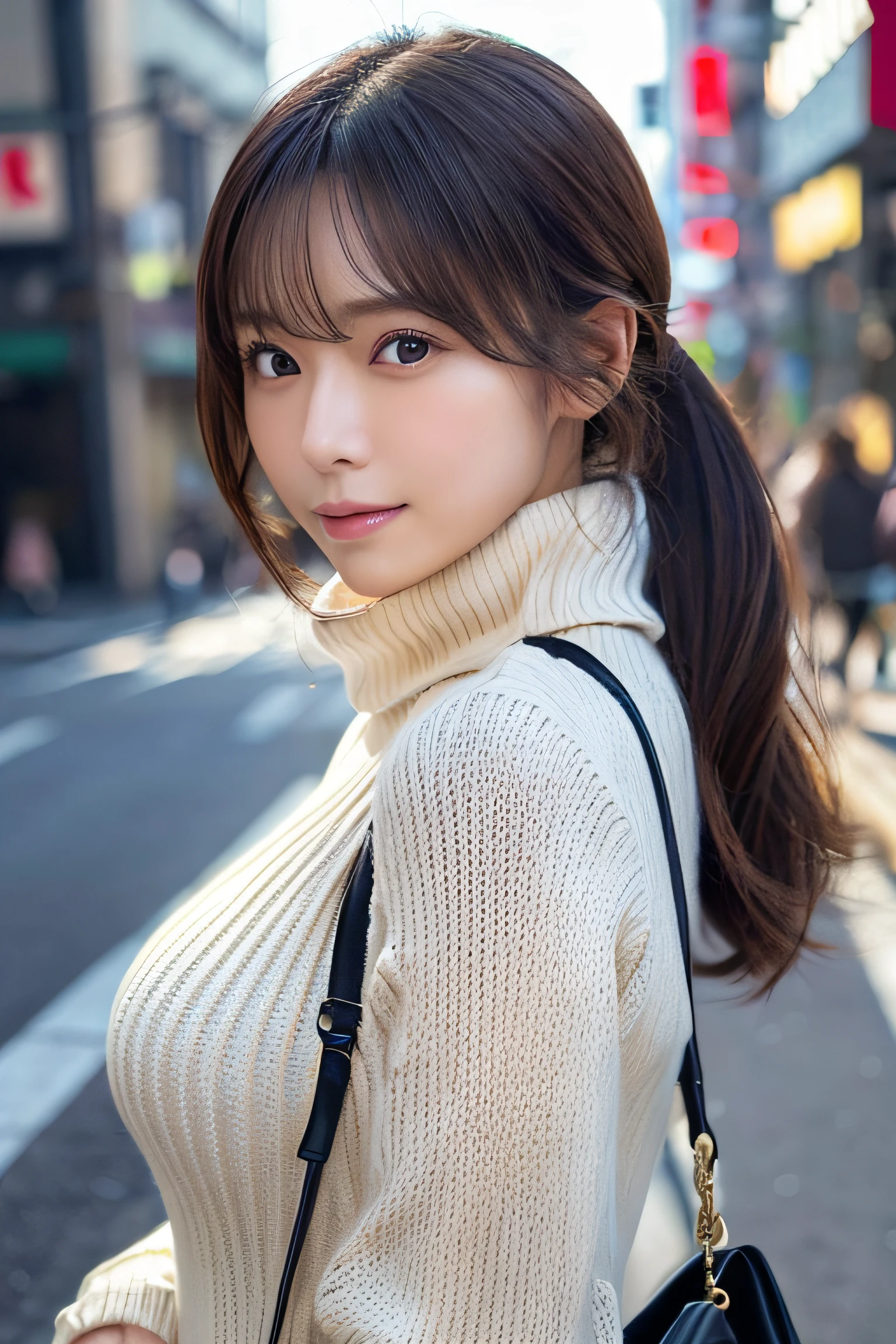 (Colossal 、Turtleneck knitwear、Shoulder bag)、(top-quality,​masterpiece:1.3,超A high resolution,),(ultra-detailliert,Caustics),(Photorealsitic:1.4,RAW shooting,)Ultra-realistic capture,A highly detailed,high-definition16Kfor human skin、 Skin texture is natural、、The skin looks healthy with an even tone、 Use natural light and color,One Woman,japanes,,kawaii,A dark-haired,Middle hair,(depth of fields、chromatic abberation、、Wide range of lighting、Natural Shading、)、(Hair swaying in the wind:1.2)、Streets of Tokyo