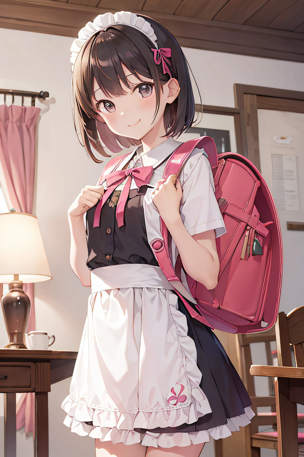 (masutepiece), Best Quality, High resolution, Highly detailed, Detailed background, Perfect Lighting, Indoor, 1girl in, Petite, Looking at Viewer, , Maid Uniform, Adorable smile, Wearing a pink school bag backpack, (Randoseru Backpack:1.0)