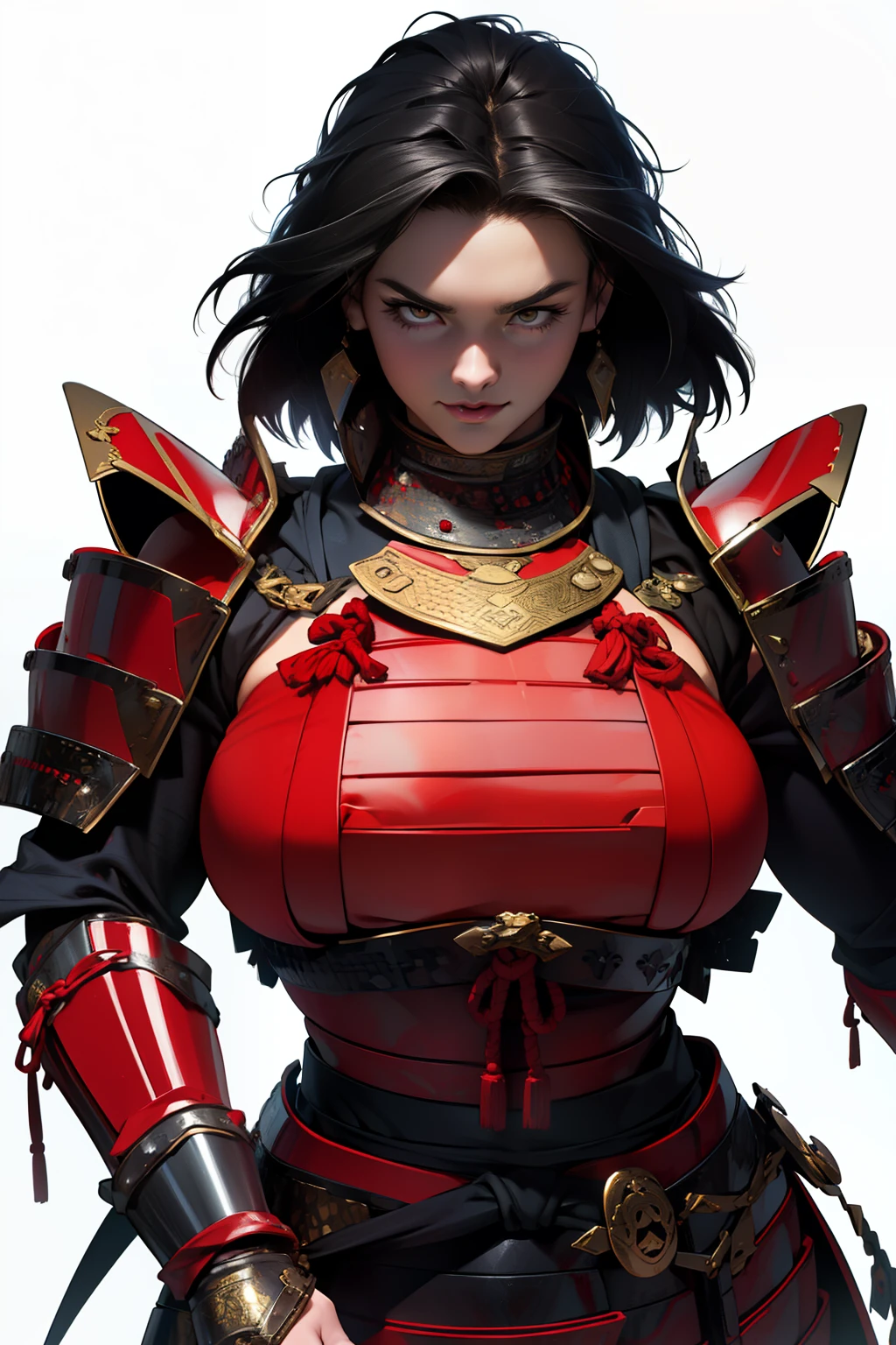 (High resolution, Pixels are perfect, luxurious illustration), (hyper quality, masutepiece, Ethereal: 1.4),(Solo:1.4), Black hair, Very short hair, ((spiked hair)),  Yellow eyes, (angry), pale skin, (((((((muscular))))))), ((thick thighs)), ((Huge breasts)), (((((((Woman))))))), ((((A MILF)))),  ((((Japanese armor)))), (((Red armor))), (Leotard), (((wide hips))), ((greybackground)), (Shiny skin),