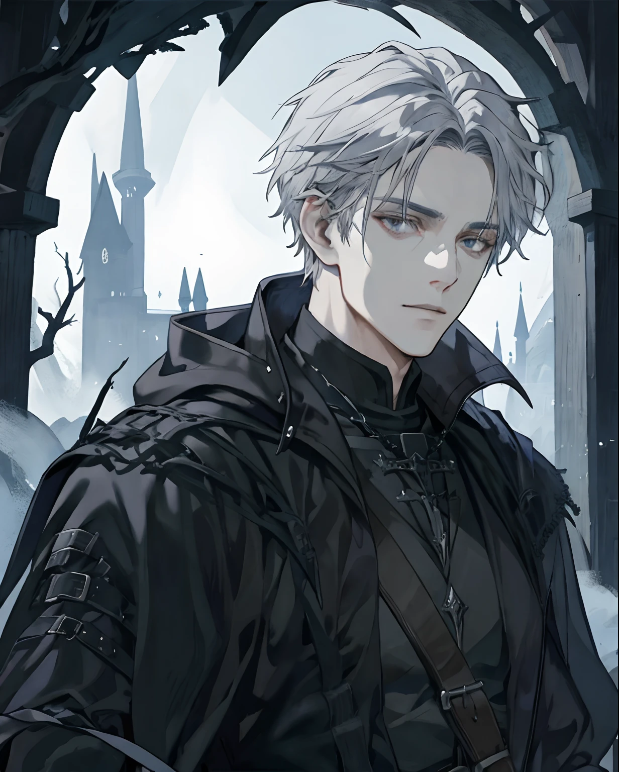 1male, medieval fantasy,, beautiful, depressed, grey hair, black eyes, detailed eyes, black cloak, dark sorcerer, rogue mage, alone in a dark forest, medieval fantasy, close up