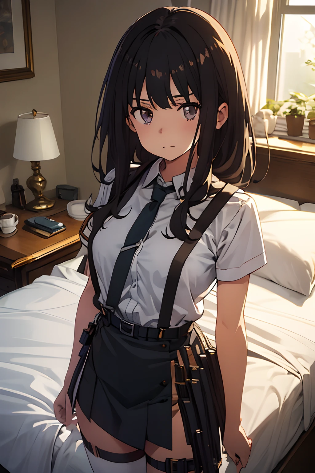 ​masterpiece、flat-colors、depth of fields、lens flare 1 girl、、Brown hair、watching at viewers　　　black suspenders　　　Bulging big breasts　　　 　 Armpit sweat　perspiring　Side of both hands　　walls: 　Black miniskirt　garters　　　　　　Gaze　　　Small face　bangss 　flank　　　　holster　　Belt Armament　Beautuful Women　srestrained　Hands behind your back　On the bed　Sleep in a leg holster bed