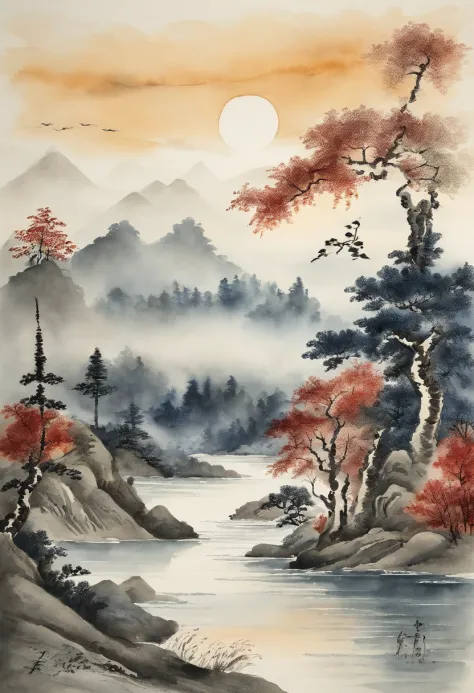 Best Quality, style of hokusai, ukiyoe painting, Landscape with river,sscroll
