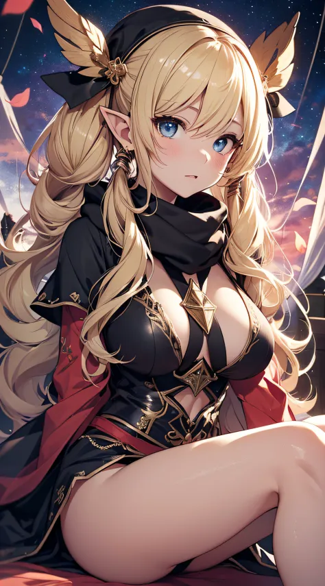 top-quality、Top image quality、​masterpiece、An elf girl((18year old、Best Bust、big bast,Beautiful blue eyes、Breasts wide open, Blonde twintails、A slender,Large valleys、red scarf、Clothes in black robes、Supine Pose)）hiquality、Beautiful Art、Background with((Ins...