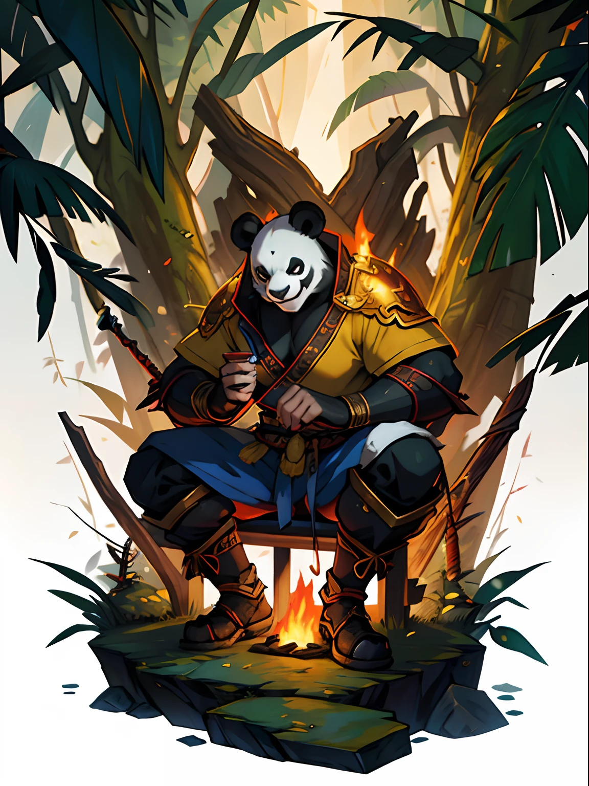 Panda Man Warrior，World of Warcraft style，China-style，bonfires，The background is deep in the jungle