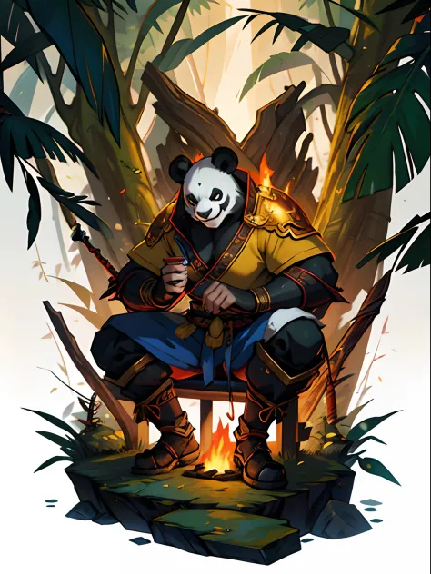 Panda Man Warrior，World of Warcraft style，China-style，bonfires，The background is deep in the jungle