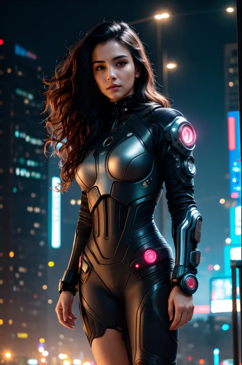 Angela is a beautiful 30 year old woman, wavy hair, detailed eyes, detailed face, high detail skin, strong compact body, (medium cup size), wearing cyberpunk clothes, futuristic cyberpunk city background, misty, wet, raining, best quality masterpiece, real...