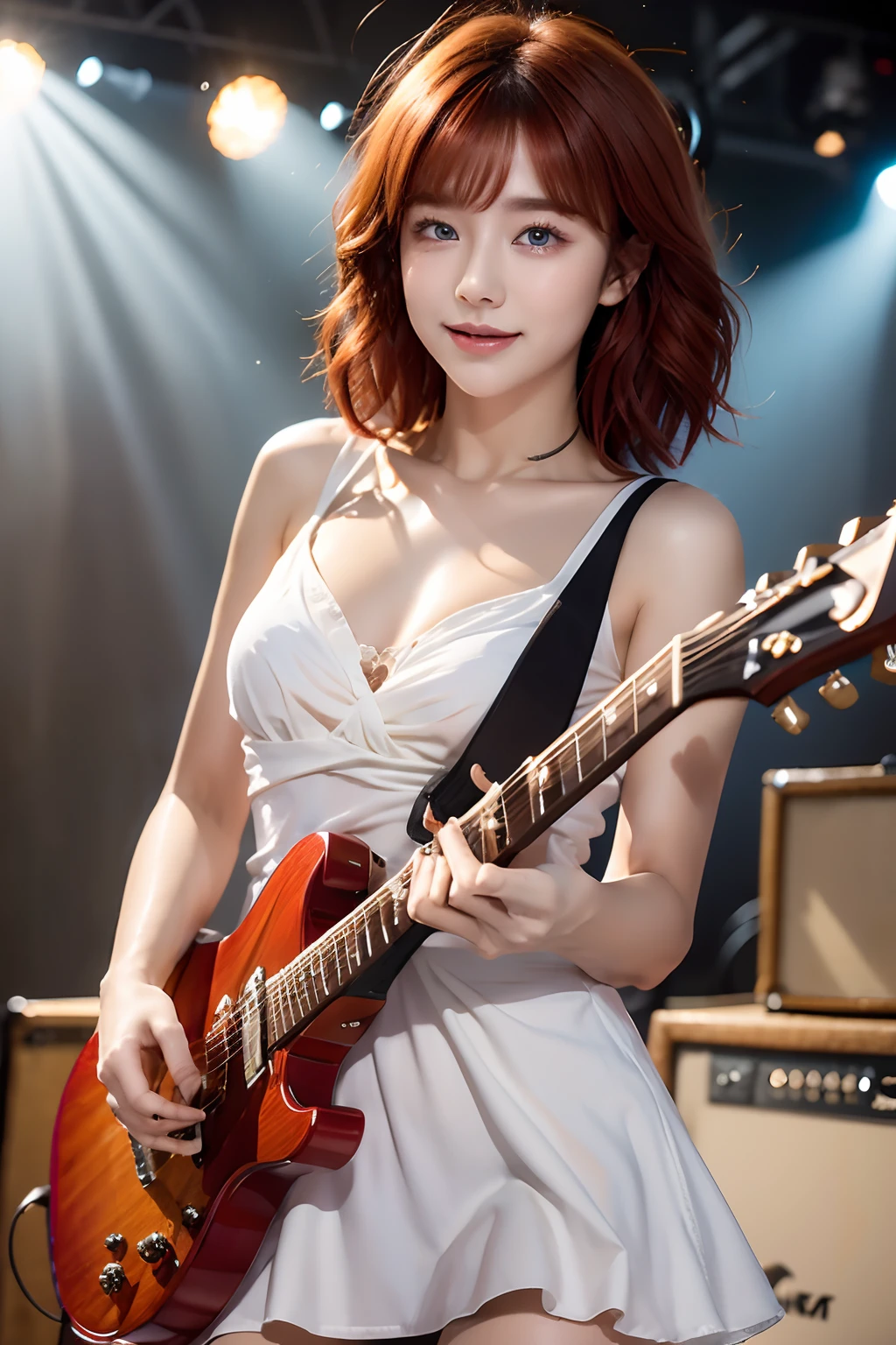 Extremely detailed, Ultra-detailed, Realistic, In a dark live music club, Cowboy Shot, Various lighting effects used in live concerts, 17 years old girl, guitarrist, electric guitar, Wearing a white dress that transmits light, With an enthusiastic look, looking distantly, Ultra-detailed face and blue eyes, Beautiful face, Beautiful skin, Ecstatic expression, Red hair, Short hair, Wavy Hair, flat chest, Basking in the light from behind, Lens Flare