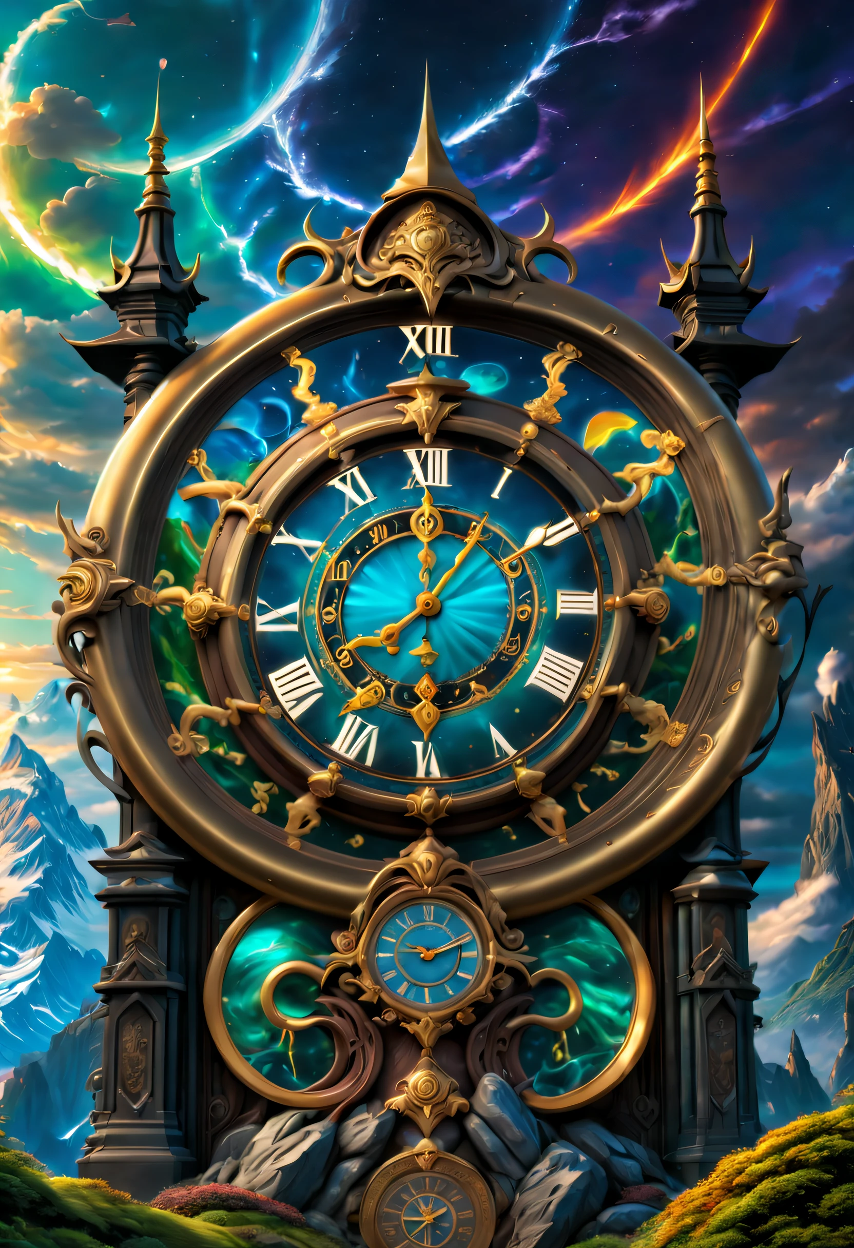 clock_realm, clock, IvoryGoldAI, (Conceptual art, Ghibli-like colours, Hyperrealism, UHD, masterpiece, ccurate, anatomically correct, super detail, award winning, best quality, highres, 8k，The picture is bright，Global illumination，high saturated), fantasy, Asgard, The clock of Asgard，Norse mythology