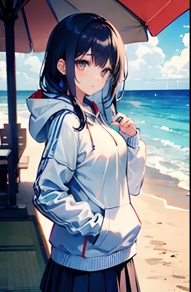 A beautyful girl，Has navy blue hair，teens girl，Light blue JK skirt，White hoodie，big breasts beautiful，adolable，Earphone，Black storm jacket，Handsome，summertime，sandbeach，palmeiras，the ocean，raiden，heavy rain，suns，impactful feeling，Handsome，Background with，Japanese-style town，hair straight，Positive perspective，full bodyesbian，On the road，skiny，The chest is small