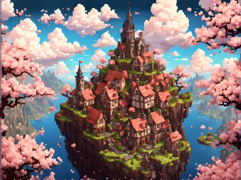 Cute Cartoon, CuteCartoonAF, ((on a flying island)), (high angle shot:1.3), (pixel art:1.3), medieval town with cherry blossom t...