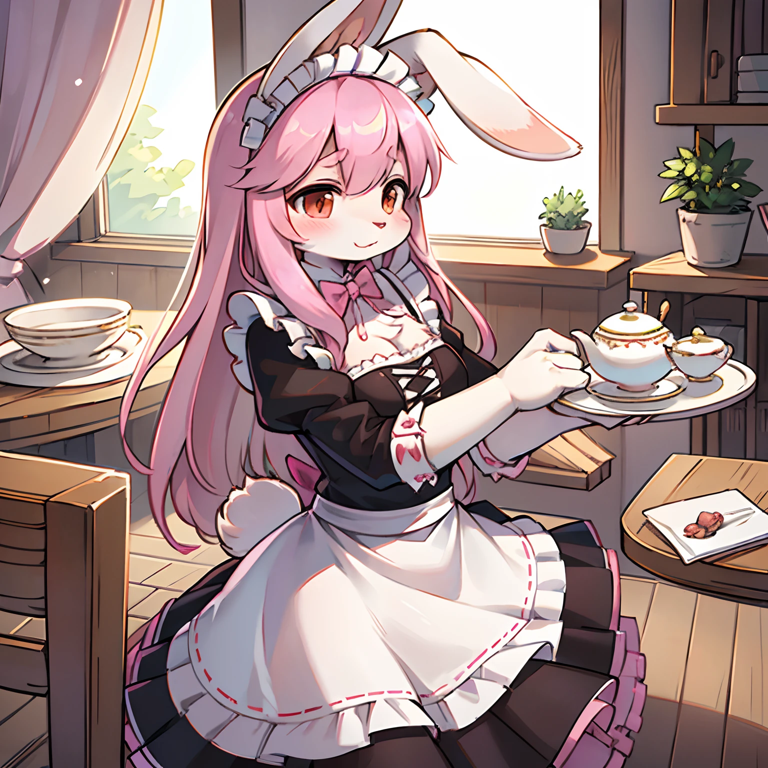 Anime character dressed in a maid outfit holding a plate of food - SeaArt AI