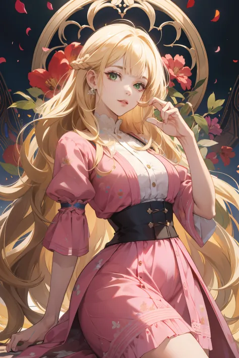 (absurdres, highres, ultra detailed), 1girl, mature female, wavy blonde hair, long hair, blunt bangs, green eyes, pink dress, finely detailed eyes and detailed face, extremely detailed CG unity 8k wallpaper, intricate details, BREAK , kaleidoscopic imagery...