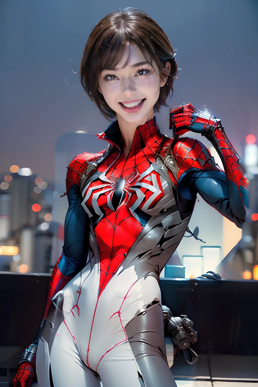 A close up of a woman in a spider - man suit posing on a rooftop - SeaArt AI