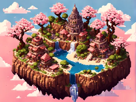 Cute Cartoon, CuteCartoonAF, ((on a flying island)), (high angle shot:1.3), (pixel art:1.3), Indian town with (cherry blossom trees), ((breathtaking desert scenery)), ((frame with rich gothic ornate))