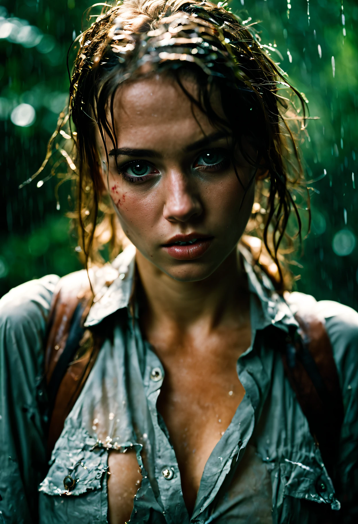 18 year old woman in the rain, messy (wet:0.7)( brunette) hair, intense expression, piercing gaze, sunlight filtering through the trees on face,(glistening wet skin:0.9), athletic pose, (nikon f4, 50mm f1.2, Fujichrome Velvia 50, bokeh), (ominous jungle ravine, ambient light, volumetric light, god rays:1.2), nsfw, wearing (wet:0.8) (tomb_rider_cosplay_outfit (ripped torn clothing), (unbuttoned shirt:1.3)), (camera focused on eyes:1.1),(half body image:1.5)