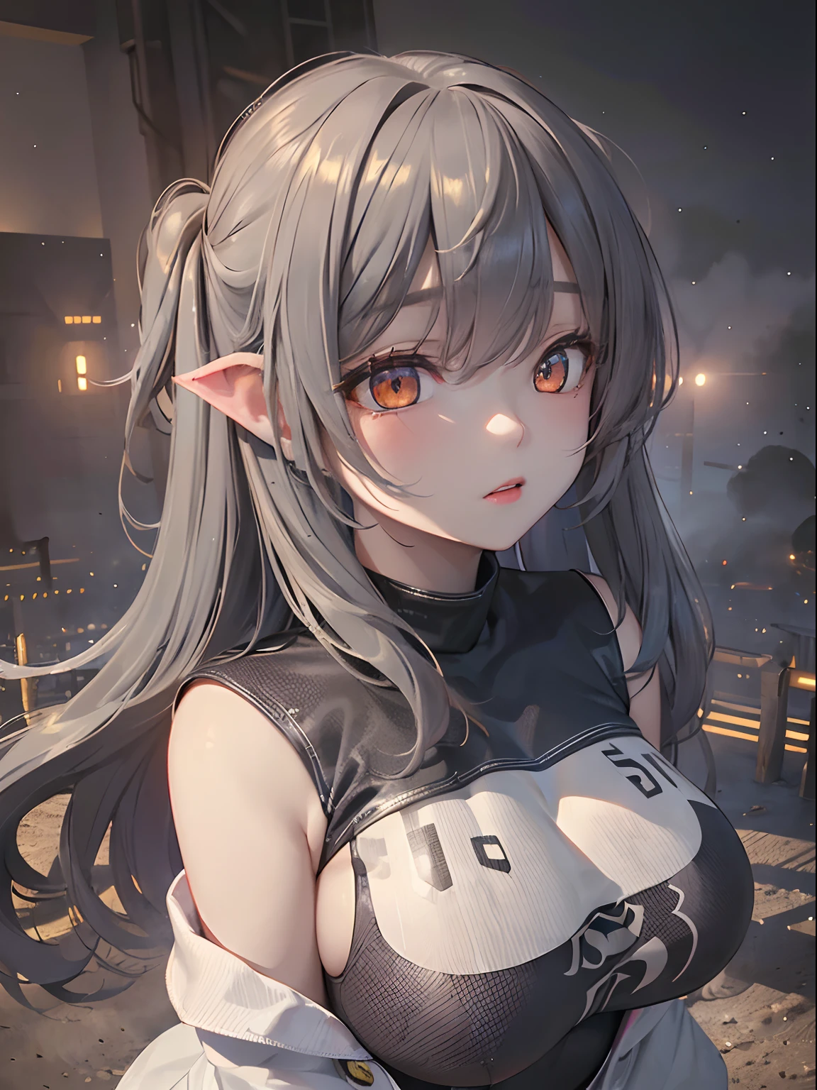 Anime girl with long gray hair and a black top - SeaArt AI