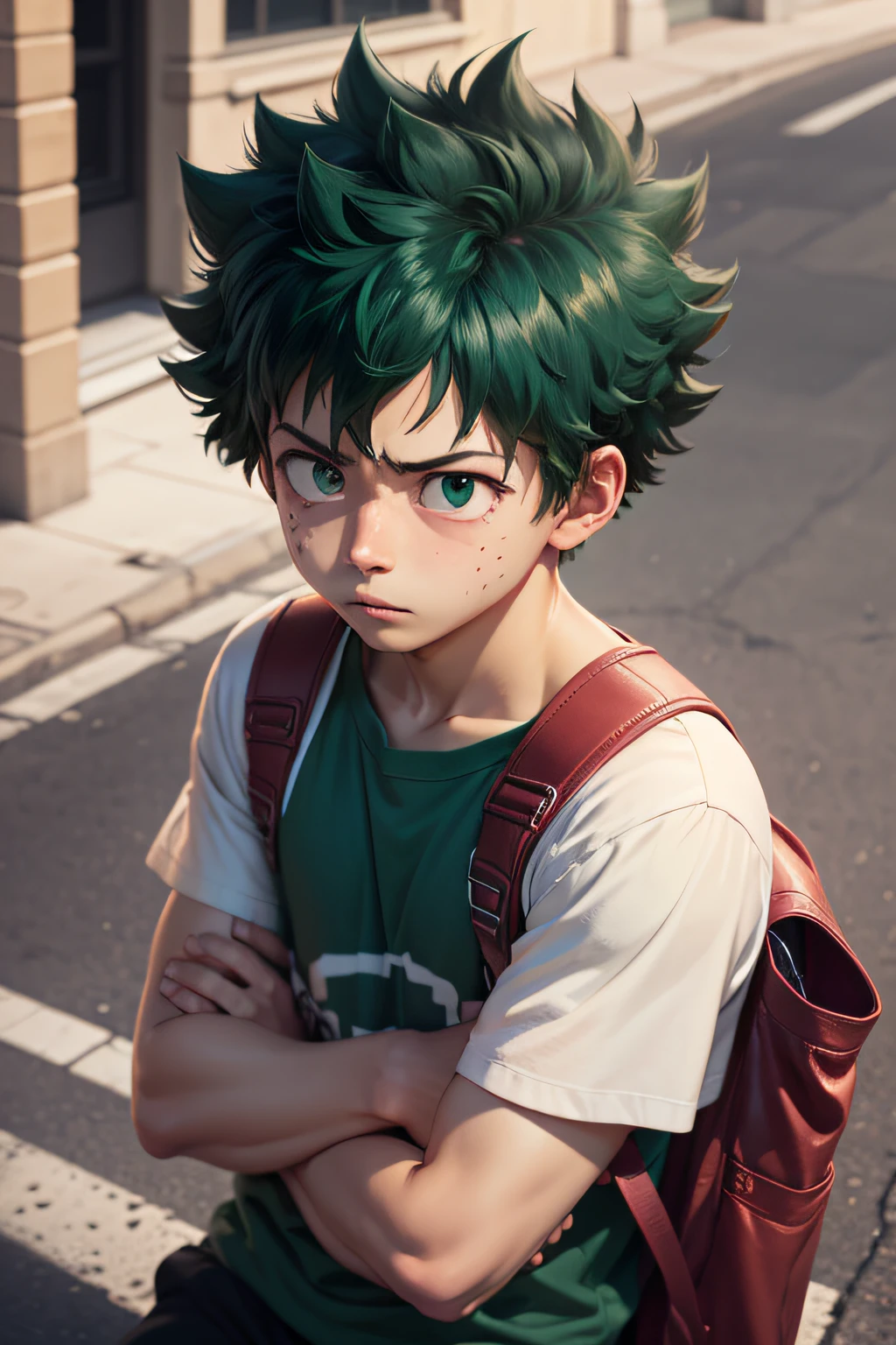 (Midoriya_izuku), tiro de medio cuerpo, ropa de calle, Un chico guapo, frontal, preocupado,en la calle, Detalle súper alto, real alto, 4k, Súper detalle, chico anime, estilo animado.