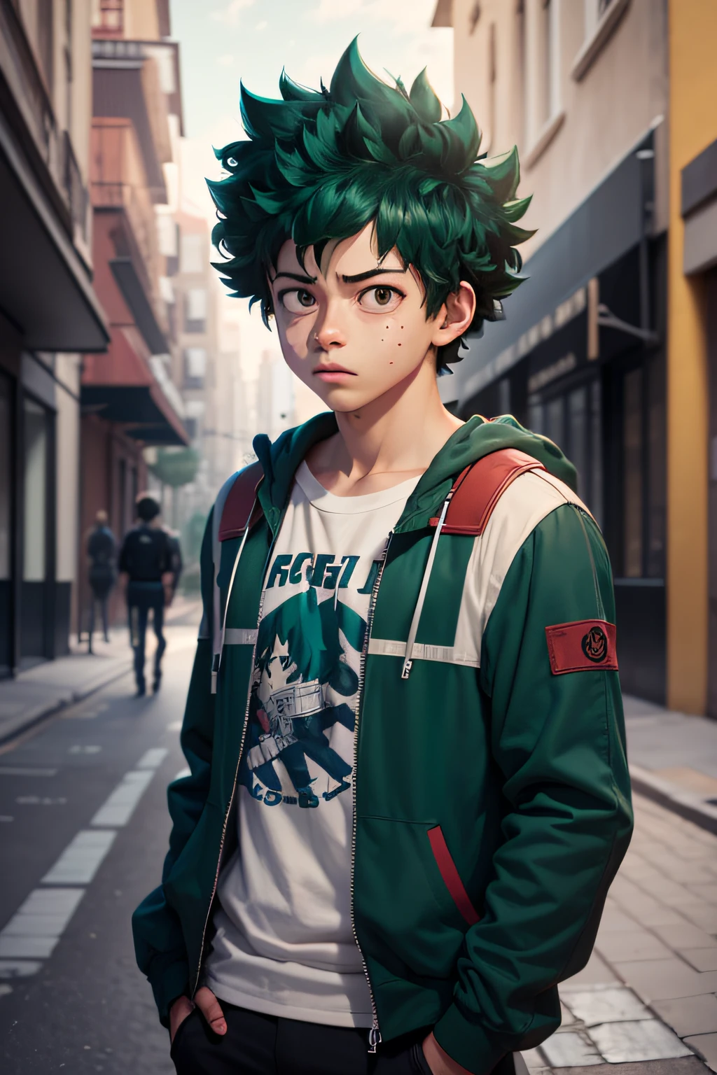 (Midoriya_izuku), Halbkörperaufnahme, Strassenmode, Ein schöner Junge, Frontal, besorgt,Auf der Strasse, sehr hohe Detailgenauigkeit, hohe reale, 4K, Super Detail, Anime Junge, Anime-Stil.