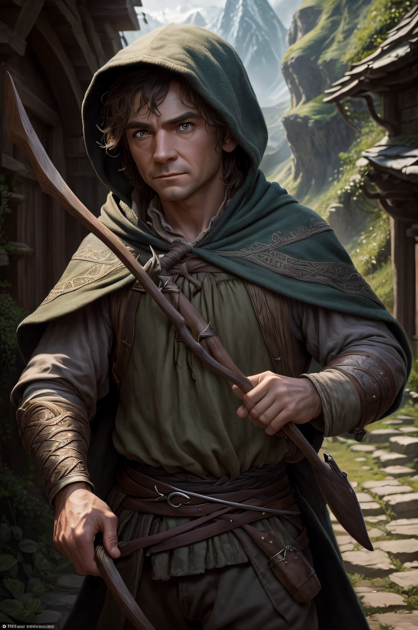 (melhor qualidade,Ultra-detalhado,realista:1.37),um hobbit ladrão masculino,segurando um arco na mão esquerda,um vislumbre de malícia em seus olhos,olhando para frente, o capuz de sua capa puxado para cima