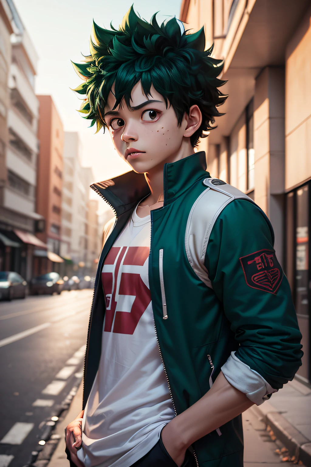 (Midoriya_Izuku), tir à moitié du corps, vêtement de rue, un beau garçon, frontal, inquiet,dans la rue, très détaillé, élevé réel, 4k, Super détail, garçon animé, Style animé.