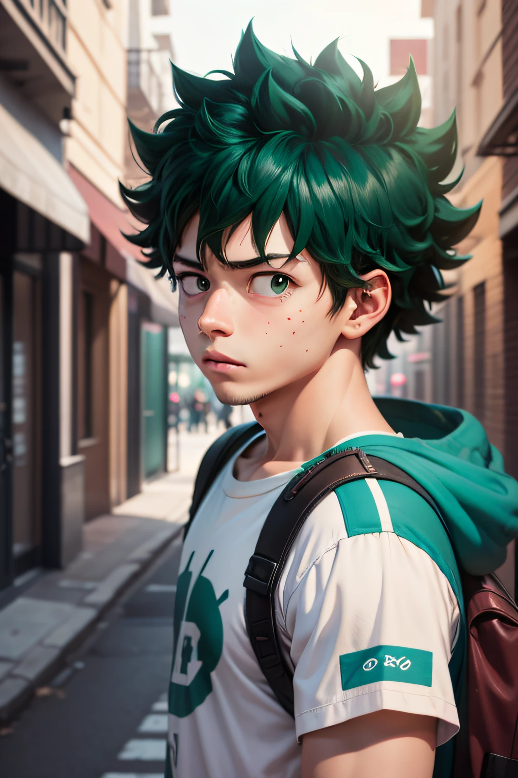 (midoriya_izuku), tiro de meio corpo, roupa de rua, um menino bonito, frontal, preocupado,na rua, Detalhe super alto, alto real, 4K, Super Detalhe, menino anime, estilo anime.